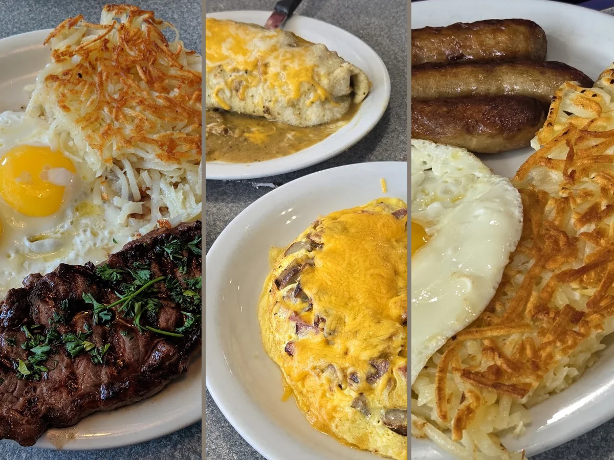 Breakfast plates on a simple restaurant table.