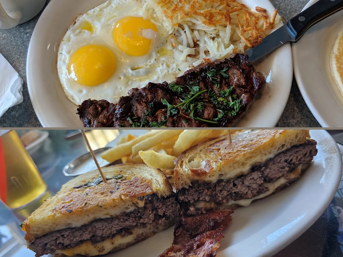Breakfast plates on a simple restaurant table.